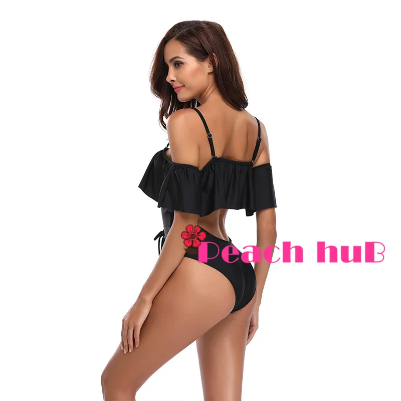 One Piece Swimwear Black Swimsuit Ruffle Sleeve Swimsuit Off Shouder Push Up Swimwear Women Trikini Swim Suit Bandage (6)