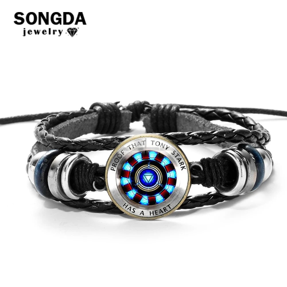 

SONGDA Marvel Iron Man Tony Stark Leather Bracelet The Avengers Iron Man Arc Reactor 3D Printed Glass Gem Charm Bracelet Bangles