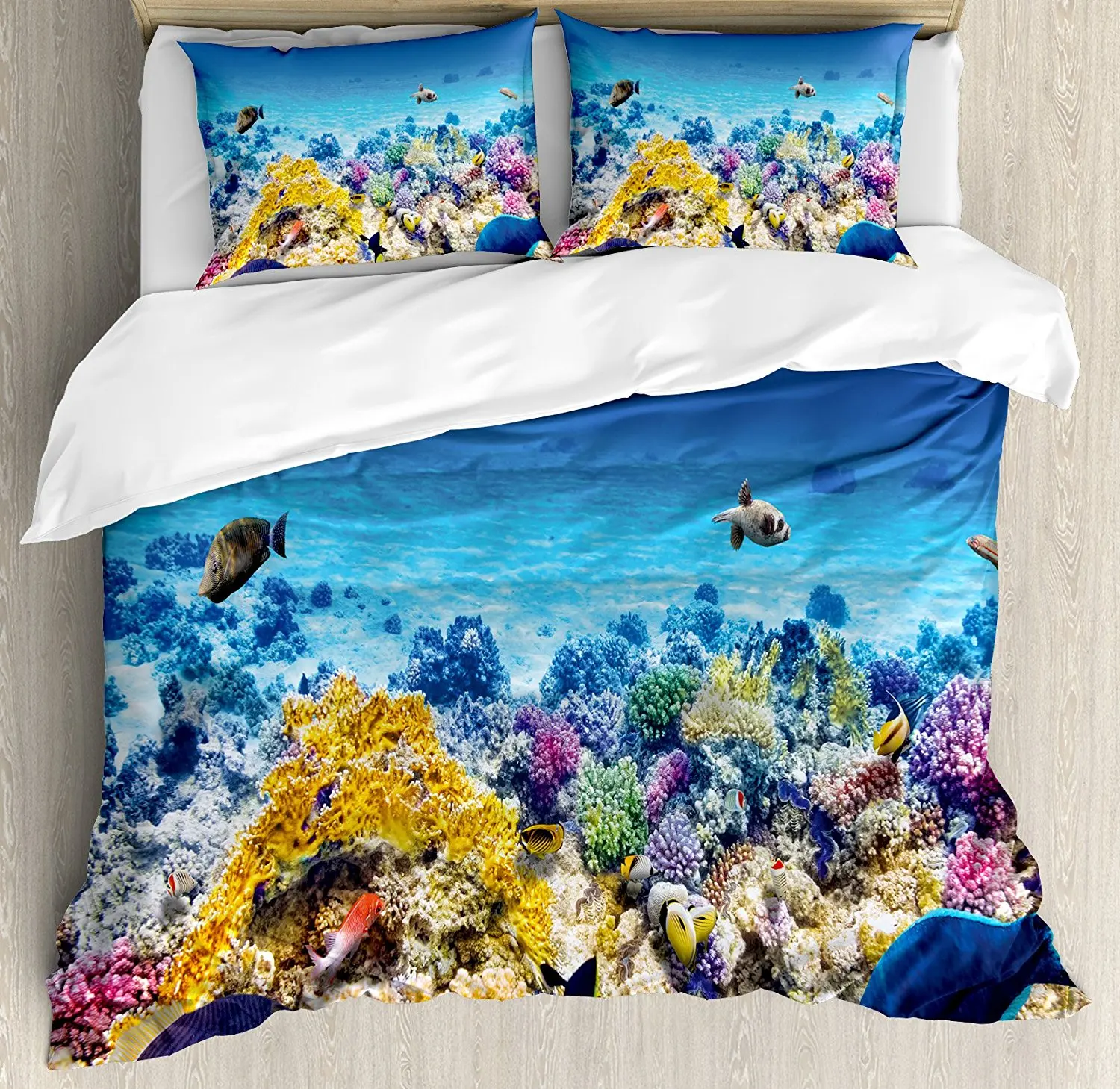 

Ocean Decor Duvet Cover Set Underwater Sea World Scene with Goldfish Starfish Jellyfish Depth Diving Concept 4 Piece Bedding Set