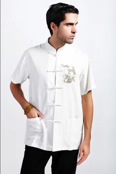 

White Tradition Chinese Men's Cotton Linen Embroider Dragon Kung-Fu Shirt with Pocket M L XL XXL XXXL Free Shipping 2999-4