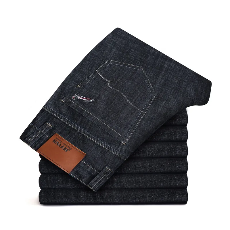 28-46 Большие размеры мужские деловые тонкие повседневные джинсы новые осенние брендовые хлопковые эластичные однотонные брюки с карманами и вышивкой - Цвет: Черный