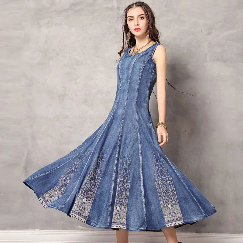 

Slim Denim Dresses Women 2019 Summer Solid Dress Female Vintage Embroidery Sleeveless O-Neck Maxi Party Vintage Dress