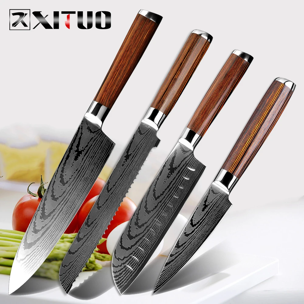 XITUO " дюймовый нож шеф-повара 7" японский нож Santoku замороженный нож для хлеба зубчатый 3," инструмент для очистки овощей Универсальный антипригарный нож дерево