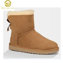 short one bow boots women’s bowtie lace up genuine cowhide leather winter snow boots female fashion blue black flat shoes