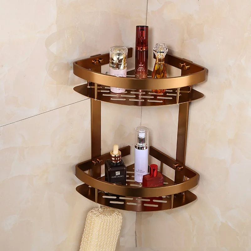 

MTTUZK Wall Mounted Thicker Space Aluminum Bathroom Shower Shelf Basket Holder Double Layers Corner Rack Double Shelves