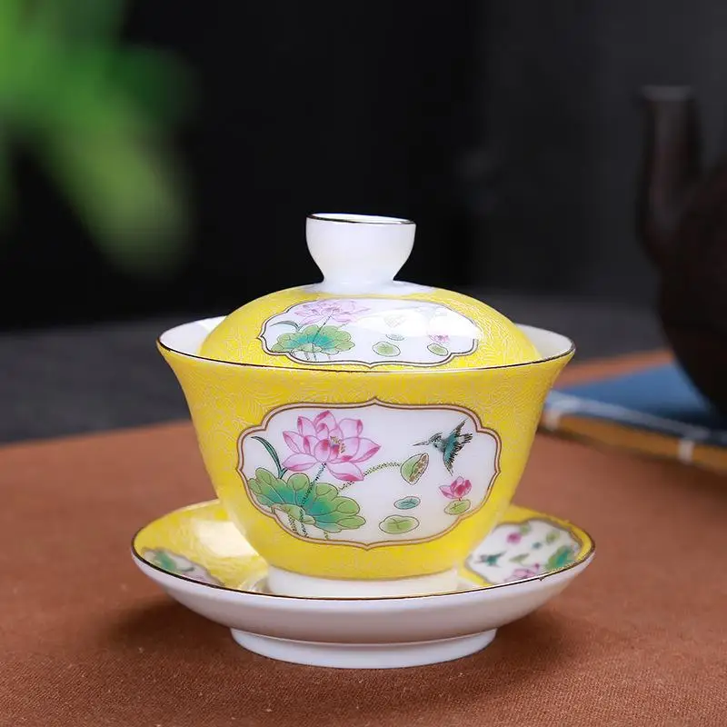 Керамический чайник Gaiwan, чайная чашка, китайские чайные наборы кунг-фу чайная чашка для путешествий, кухни, столовой, бара, чайная посуда, аксессуары для дома - Color: yellow