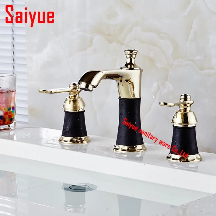 

Gold with black colour widespread lavatory sink faucet mixer tap deck mounted Dual Handles three holes for bathroom