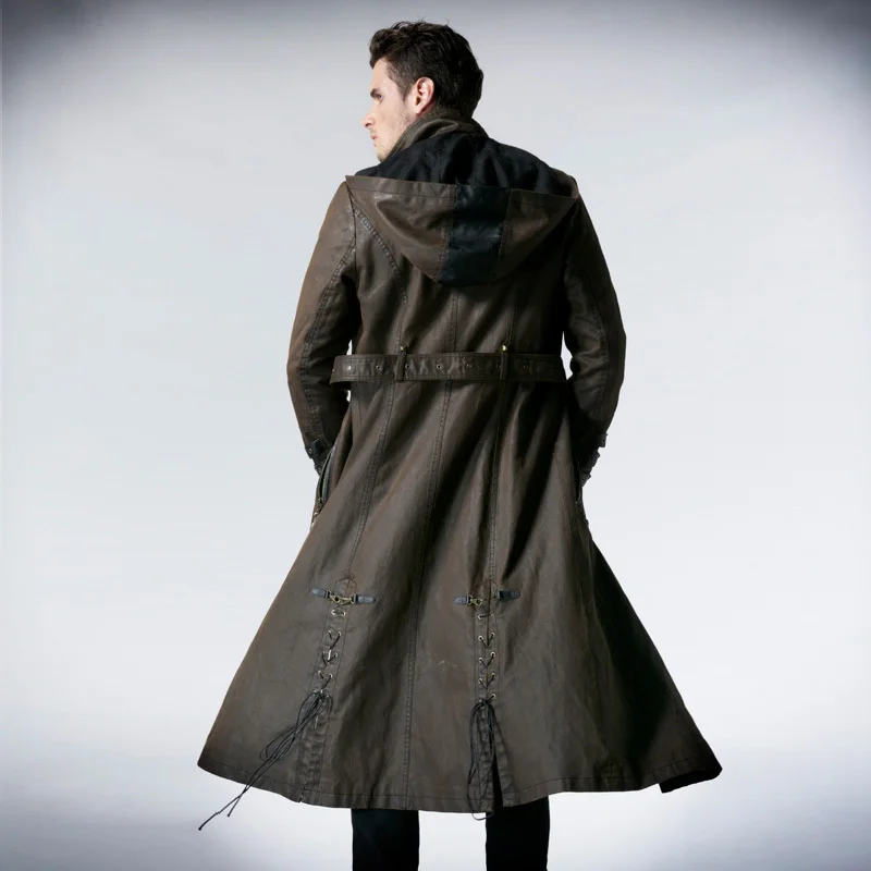 PUNK RAVE Men Punk Rock Coffee Dark Long Coat Gothic Leather Hooded Jacket Punk Fashion Handsome Winter Trench Steage Coat
