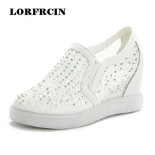 Frauen Sommer Schuhe Frau Mesh Strass Keile Freizeitschuhe Aufzug High Heels Creepers Versteckter Keil-ferse Tenis Zapatos Mujer
