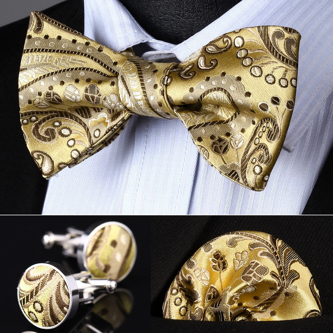 Mens Bowties Black Paisley Silk Bow Tie Hankerchief Cufflinks Set Wedding Party