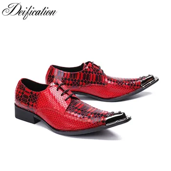 

Deification Red Snake Python Genuine Leather Mens Shoes Lace Up Formal Dress Shoes Men Metal Toe Party Dress Wedding Shoes Flats