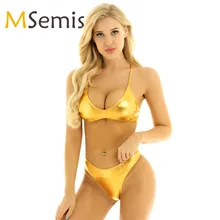 Женский купальник, блестящий металлик, бикини, купальник, набор, с ремешками, крест сзади, купальник, короткий топ с трусиками, нижнее белье, пляжная одежда