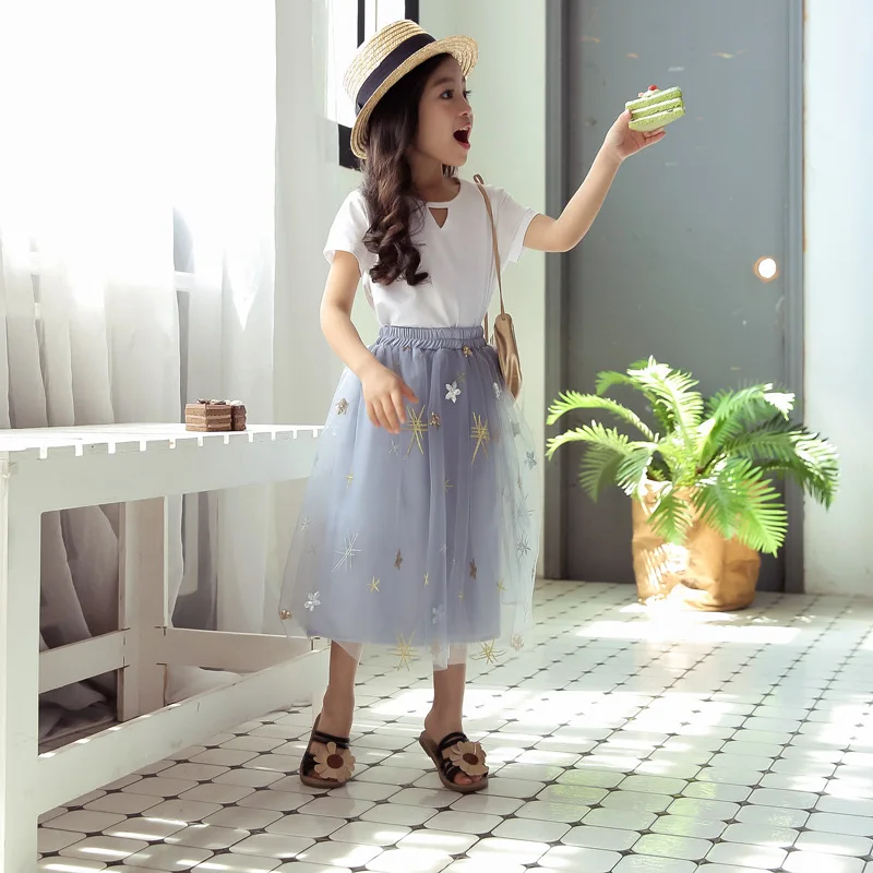 Saia para 6 Meninas Saias Macio Fofo Tule Tutu Saia Pettiskirt Longas Crianças Malha Bola Vestido Estrela Lantejoulas 8 10 13 Ano 28 High Quality Mamãe e Bebê