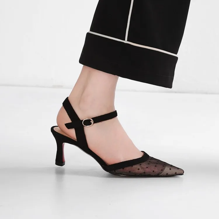 2018 Summer Elegant Lace Mesh Sandals Polka Dot Pointed Toe Gladiator Shoes Woman High Heels Big Size 34-43 Strap Footwear Woman (12)
