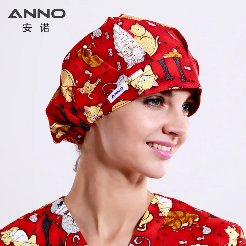 ANNO Medical caps Red Cotton Short/Long Hair Surgical Surgeon's Surgery Hat Hospital Doctor Nurse Hat Men Scrub Hats With Mask