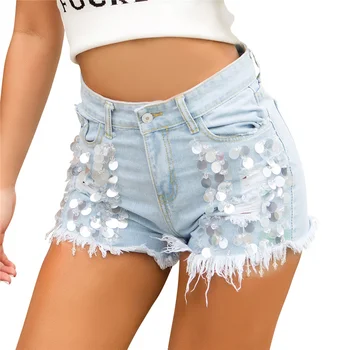 

Ellacey Blingbling Sequined Jeans Denim Shorts Sexy Club Party Shiny Beading Women's Shorts Summer High Waist Shorts Female