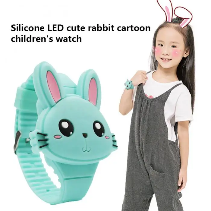 1 шт дети светодиодные электронные часы силиконовой лентой мультфильм кролик флип чехол наручные часы прекрасный подарок IK88