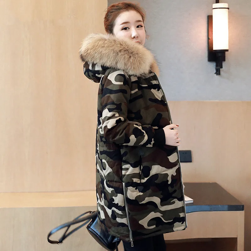 Камуфляжные военные куртки, Зимняя женская куртка Chaqueta Mujer, толстые хлопковые макси пальто с капюшоном и меховым воротником, Зимняя парка C3443 - Цвет: Camouflage