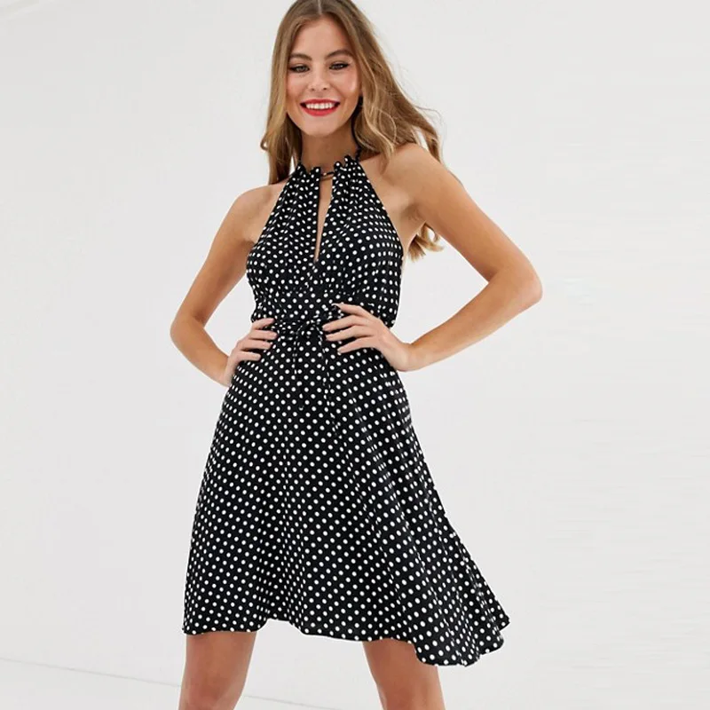 

Halter Dot Print Women Dress Summer Sexy Off Shoulder Backless Balck Mini Dresses Vacation Casual Ruffled Dress Rode Femme