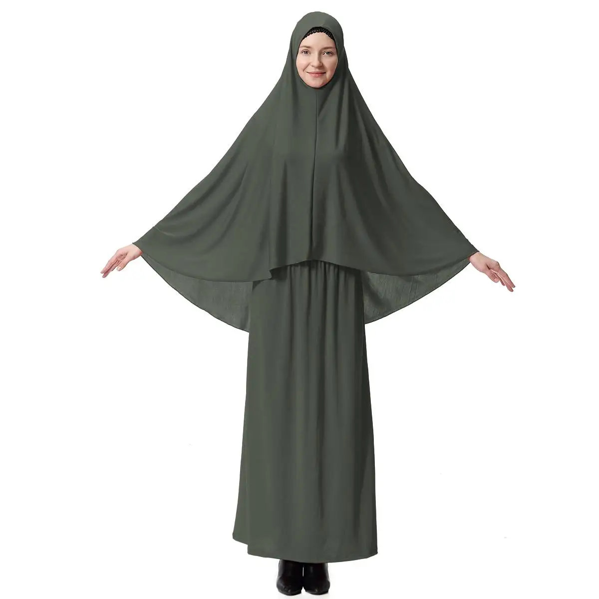 2 шт. мусульманское женское платье абайя джилбаб ислам молитва длинный шарф хиджаб арабский Макси химар Umrah юбка одежда Рамадан Ближний Восток - Цвет: Olive Green