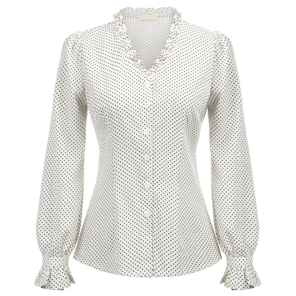 

retro blouse Women shirt Vintage elegant gothic punk Polka Dots Long Sleeve V-Neck Button Placket Shirts work lady office Tops