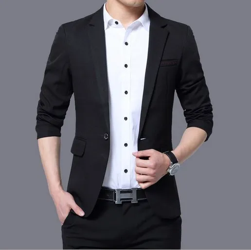 Мужские корейские облегающие модные хлопковые блейзеры, пиджак, черные, синие, хаки, Бежевые мужские блейзеры, мужские пальто, свадебные костюмы 4XL 5XL - Цвет: Черный