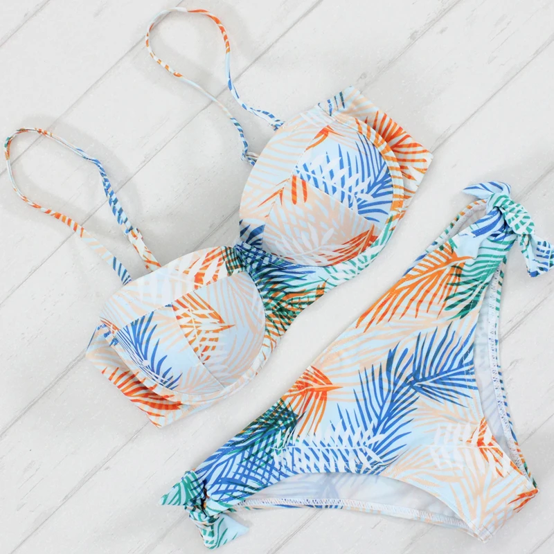 

2016 New Biquini Women Swimwear Spaghetti Strap Push up Bikini Set Bowknot Bottom Colorful Printed Beachwear Swimwear