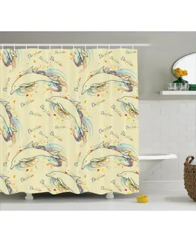 

Ocean Life Shower Curtain Swimming Dolphins Print For BathroomFabric Washable Waterproof With Rings