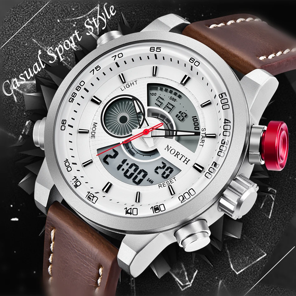 Ceny Męskie zegarki do luksusowej marki męskie skórzane zegarki sportowe NORTH męska kwarcowy LED cyfrowy zegar wodoodporny wojskowy zegarek na rękę