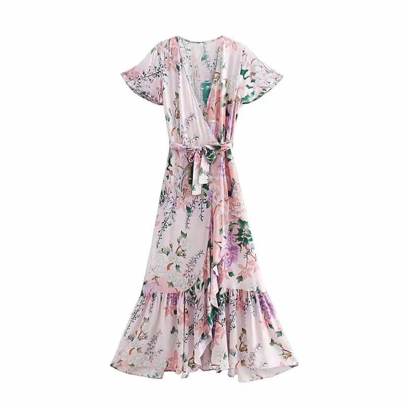 

women holiday wind cross v neck floral print pleated ruffles long dress female sashes vestidos casual chic beach dresses