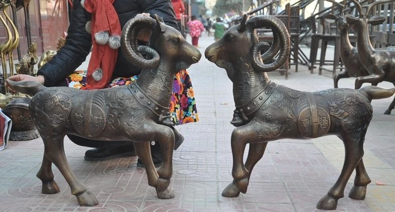 free shipping 26&quotLucky Chinese Feng Shui Bronze Zodiac Year Sheep Goat Coin Wealth Statue Pair | Дом и сад