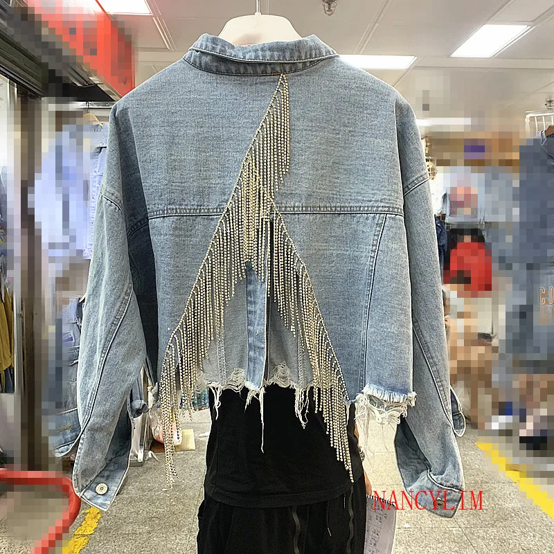 

Bling Diamond Tassel Chain Back Open Fork Denim Jacket Womens Autumn Irregular Loose Short Cowboy Coat Girls Students Jean Coats