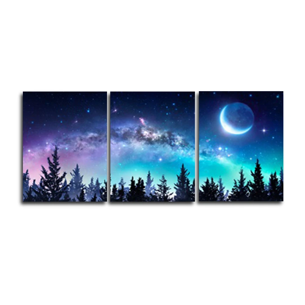 

Laeacco Nordic 3 Panel Night Lunar Moon Trees Outside Posters and Prints Wall Art HD Canvas Painting For Living Room Home Decor
