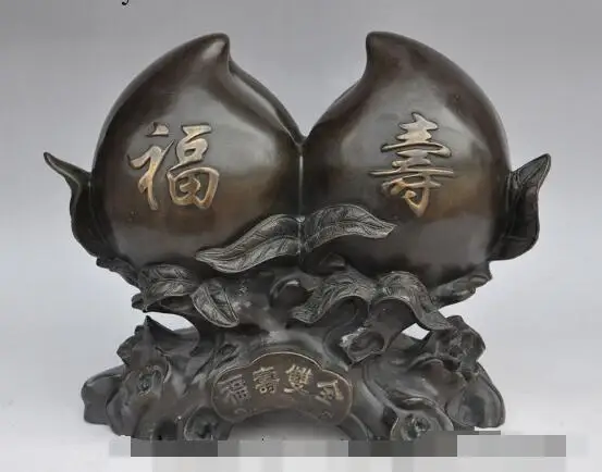

S00294 14" china fengshui bronze 2 Peach Happiness and longevity Have both lucky statue (B0413)
