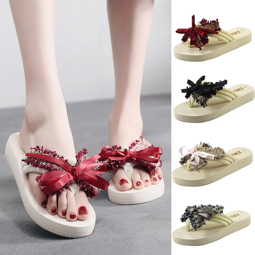 

New Store 2019 buty damskie Fashion Women Slip-on Flip-flops Wedges Heels Causal Bow Slipper Slides Shoes zapatos de mujer %60