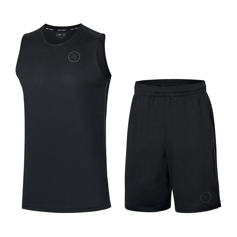 Li-Ning мужская баскетбольная форма для соревнований, костюм из полиэстера, сухой дышащий жилет+ шорты, подкладка, спортивные комплекты AATP017 CAMJ19 - Цвет: Черный