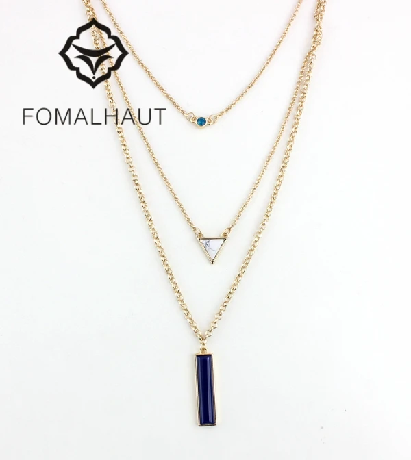 

FOMALHAUT gold color Three white greenstone geometric mosaic Pendant Long Necklace Statement Necklace Women 2015 Fashion BX-189