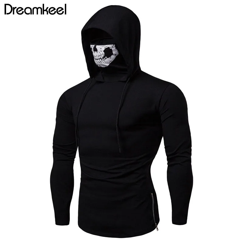 

2019 Men's Drawstring Zipper Skull Mask Hoodie for Boyfriend Autumn Hooded Sweatershirt Long Sleeves Male Solid Casual Tops Y1