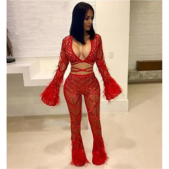 

V-Neck Bandage Dress Sexy Red Color Flare Long Sleeve Spring Summer Celebrity Party Clothing