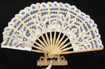

50pcs 20cm 27cm White Handmade Folding Vintage Embroidered Lace Hand Fan Wedding Bride Fan Women Gift Party Supplies