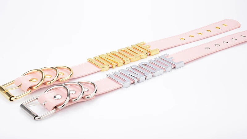 Customized Design Unique Women Men Alphabet Letter UNIQUE Necklace Gold Silver Choker Pink Faux Leather Exaggerated Words Collar 11