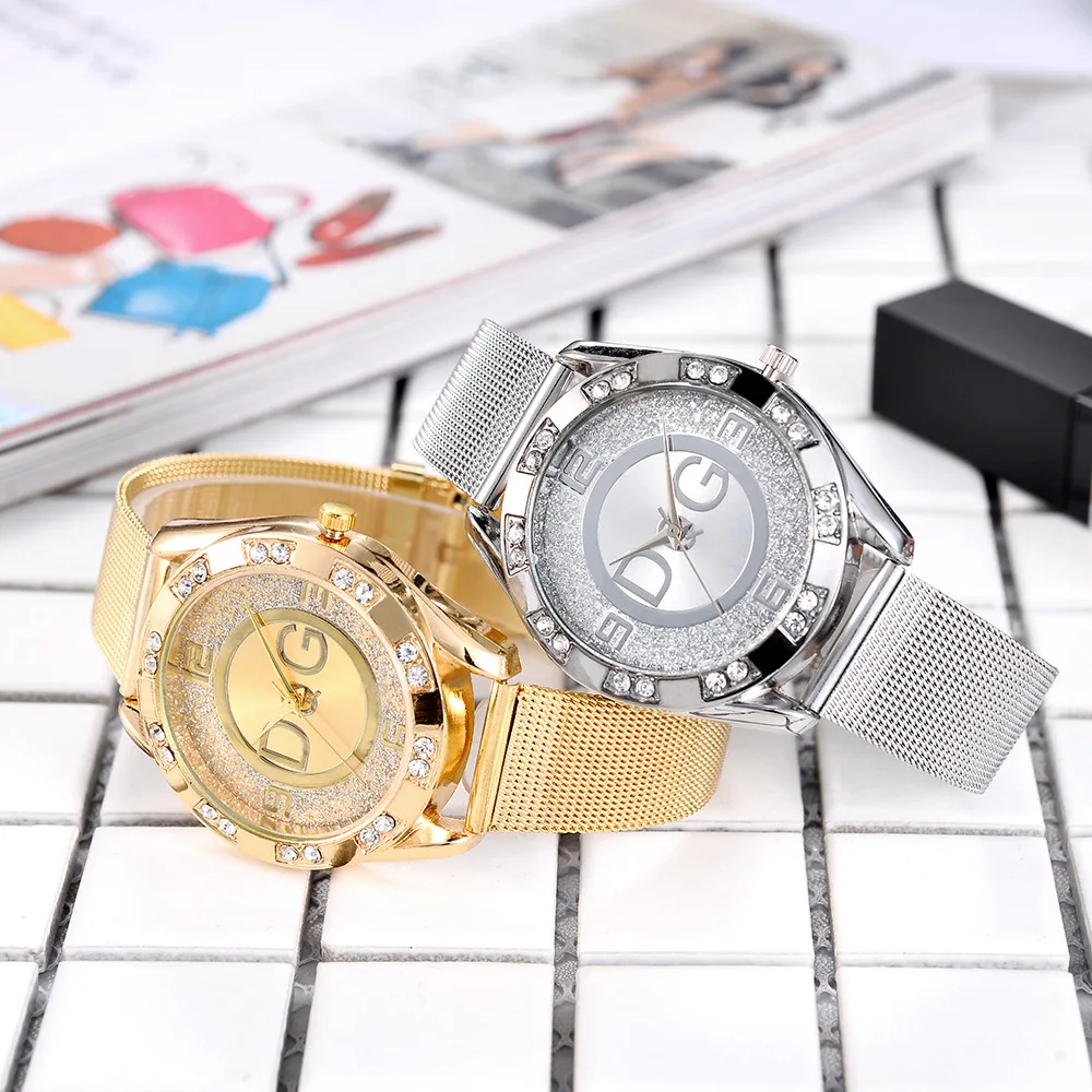 

New type of large standard double-drill outer ring sand drilling face 4-scale mesh belt steel belt watch fashion gifts for women