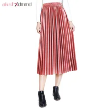AKSLXDMMD модная женская юбка новая зимняя Европа ветер тонкая свободная Высокая талия золото бархат сто сложить плиссированные юбки LH1295