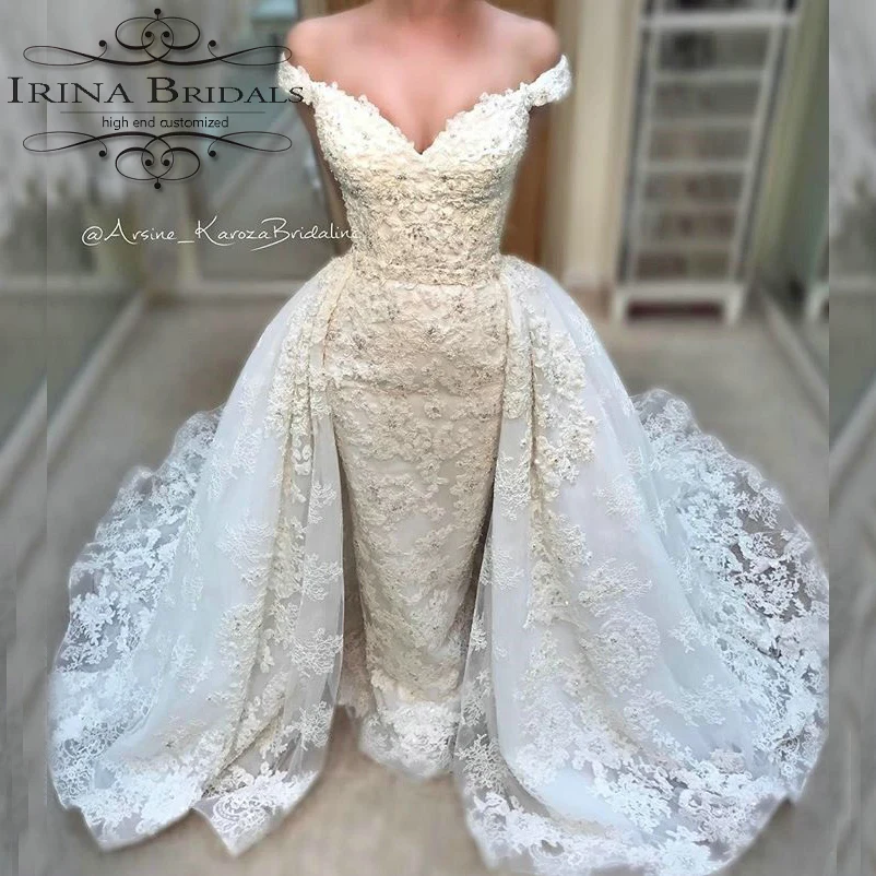 

dress cinderella Off Shoulder V-Neck Rhinestone Lace Detachable Skirt Wedding Dress