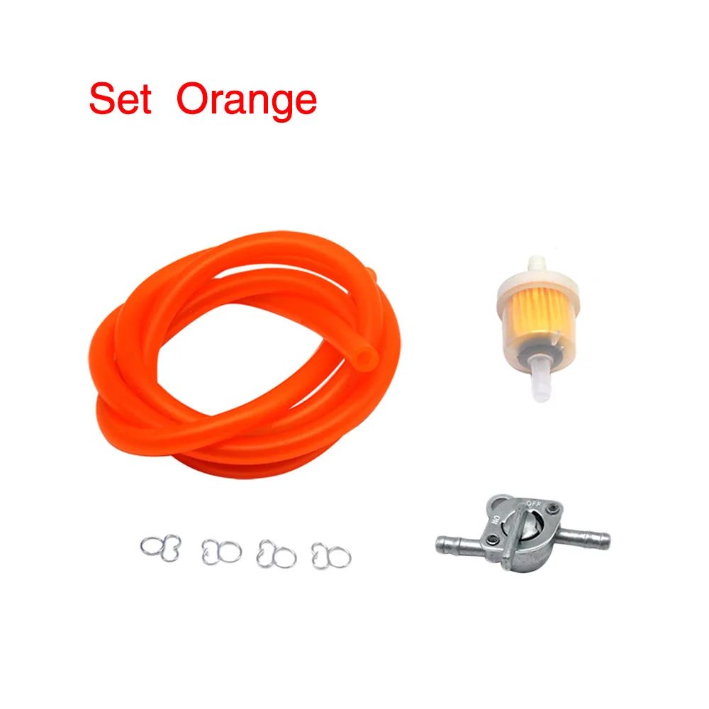 ZSDTRP один комплект встроенный бензин Топливный Кран вкл/выкл переключатель+ 1 м Топливопровод шланг+ 1 масляные фильтры+ 4 зажима 50cc 110cc 125cc велосипед ямы - Цвет: Set Orange