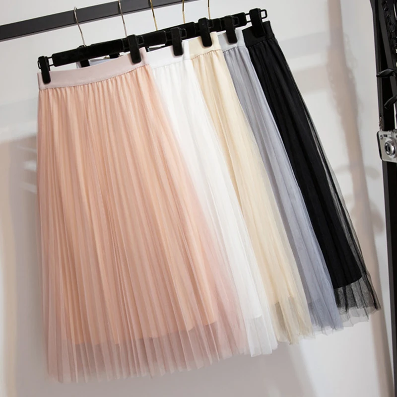 

2019 New Fashion Black Beige White Pink Grey Mesh Midi Skirt Women's Tulle Plain Pleated Skirt High Waist Woman Skirts 3 Layers