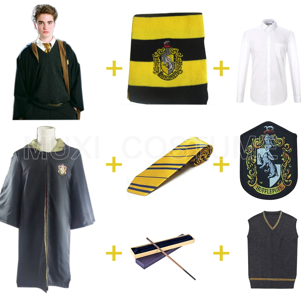

Free Shipping Hufflepuff Cosplay Robe Cloak Shirt Sweaters Metal Core Wand Scarf Tie Uniform Harris Costume