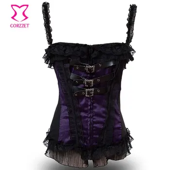 

Purple/Black Striped Satin & Soft Cotton Sexy Corset with Straps Victorian Lace Bustier Femme Espartilhos E Corpetes Gothic