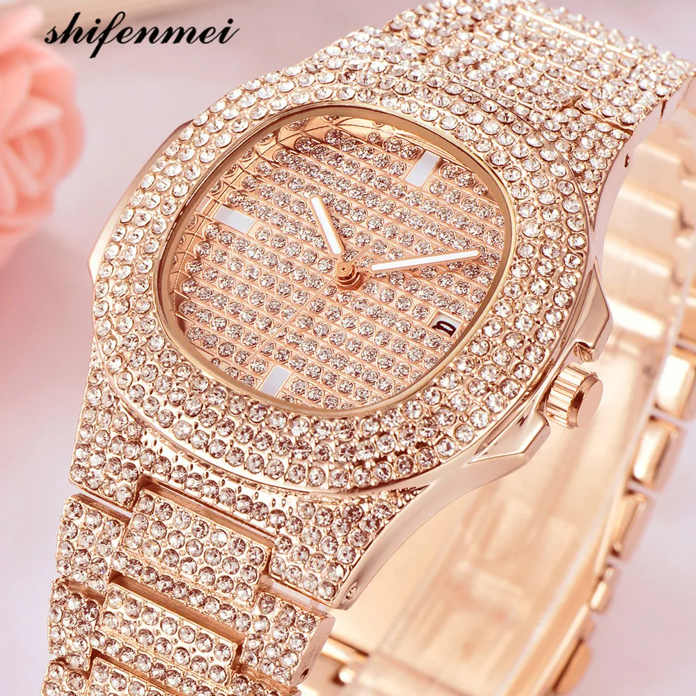 Mens Watches Fashion Diamond Automatic Date Quartz Watch Men Gold Stainless Steel Business Mens Watches Top Brand Luxury clock