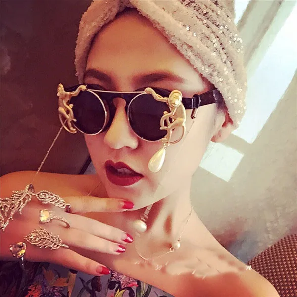 

New metal Retro Leopard frame metal Gold Monkey Baroque sunglasses Luxury Sun Beach Metal Chain pearl round glasses women